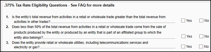 Image of ".375% Tax Rate Eligibility Questions" section of TX screen 1.